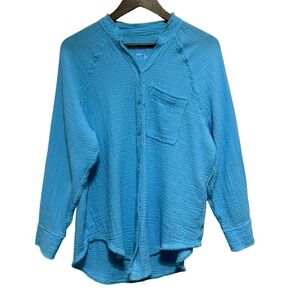Aerie Blouse Women XS Blue Gauzy Coverup Shirt Long Sleeve Button Front Oversize